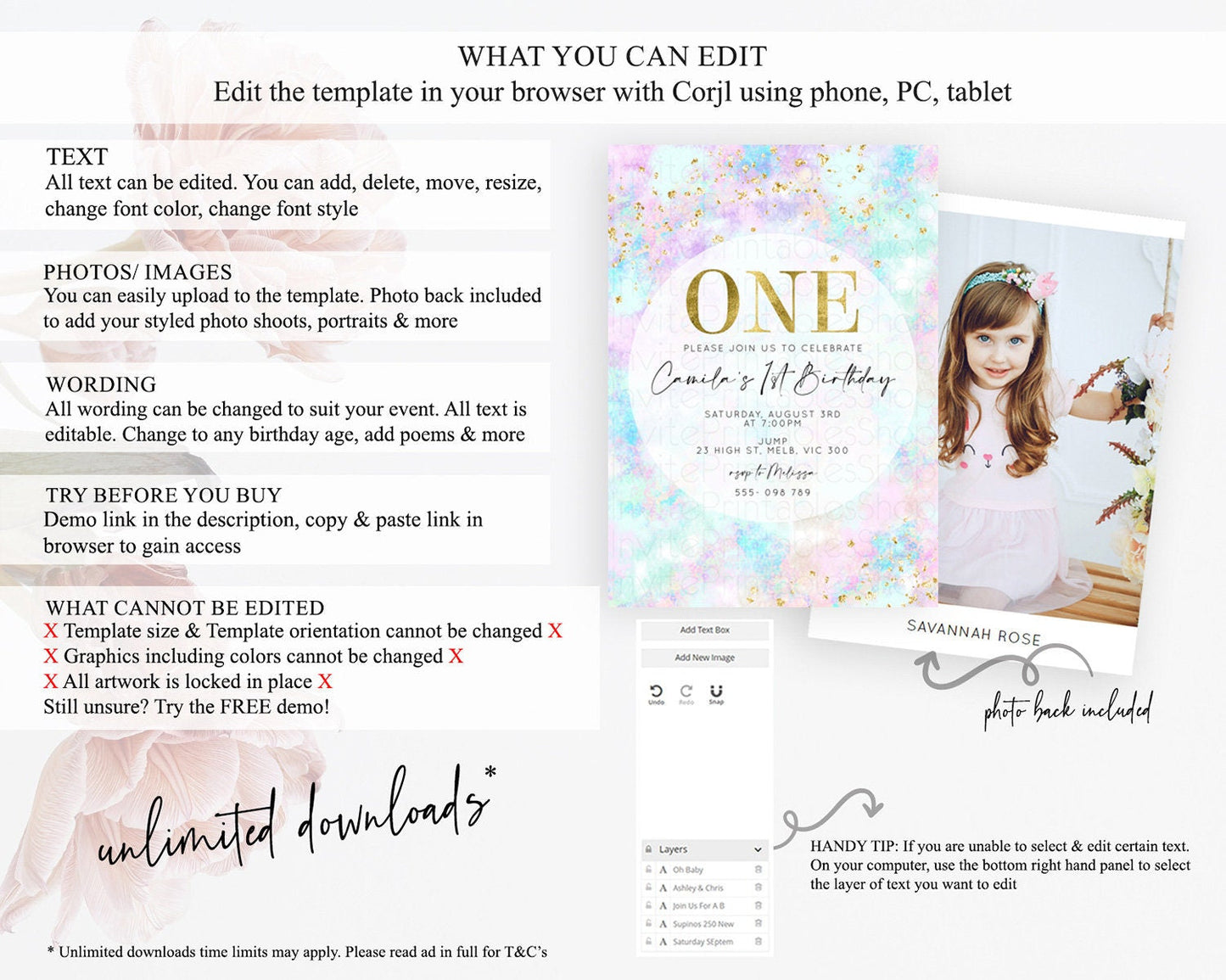 Rainbow Birthday Invitation Colorful Pastel Watercolor Invitation Gold Glitter Sprinkles Ombre Pastel 1st 2nd 3rd Birthday D10652