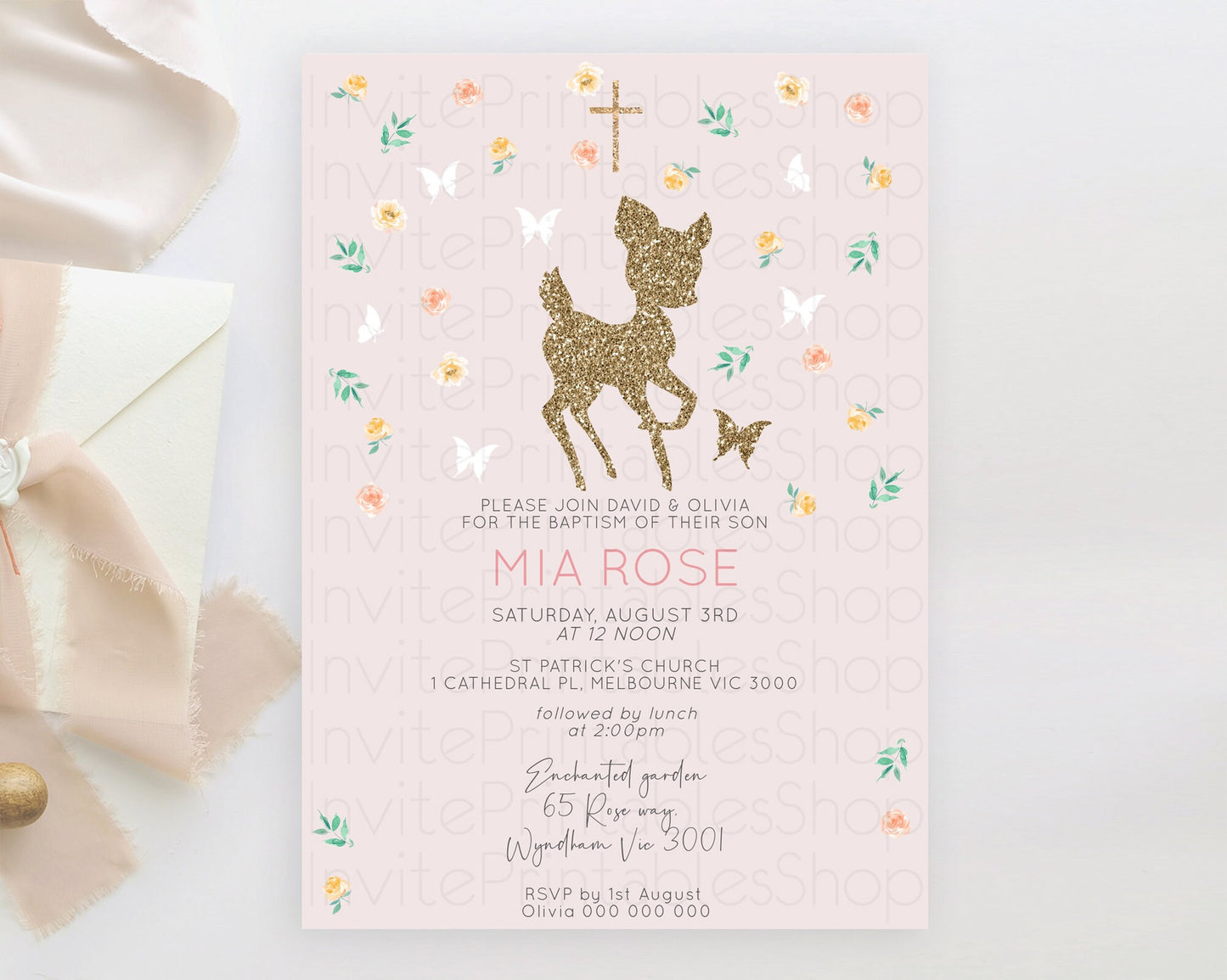 Fawn Baptism Invitation Deer Baptism 1st Birthday Invitation Enchanted Forest Christening Invitation Pastel Garden Butterfly Floral D10386