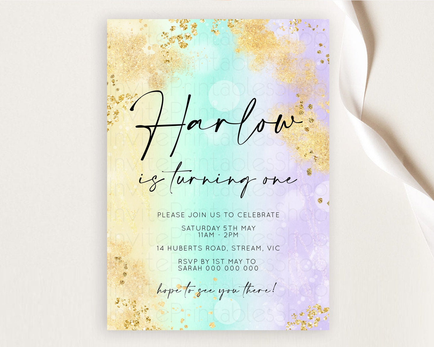 Rainbow Birthday Invitation Colorful Pastel Watercolor Invitation Gold Glitter Sprinkles Ombre Pastel 1st 2nd 3rd Birthday D10672