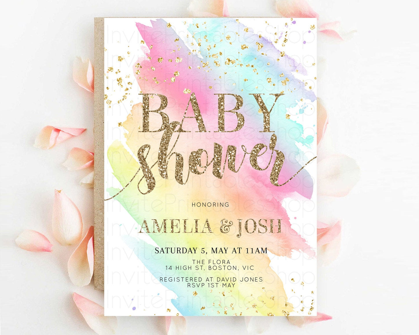 Pastel Baby Shower Invitation Rainbow Baby Shower Invitation Colorful Pastel Watercolor Invitation Gold Glitter Sprinkles Ombre D10495