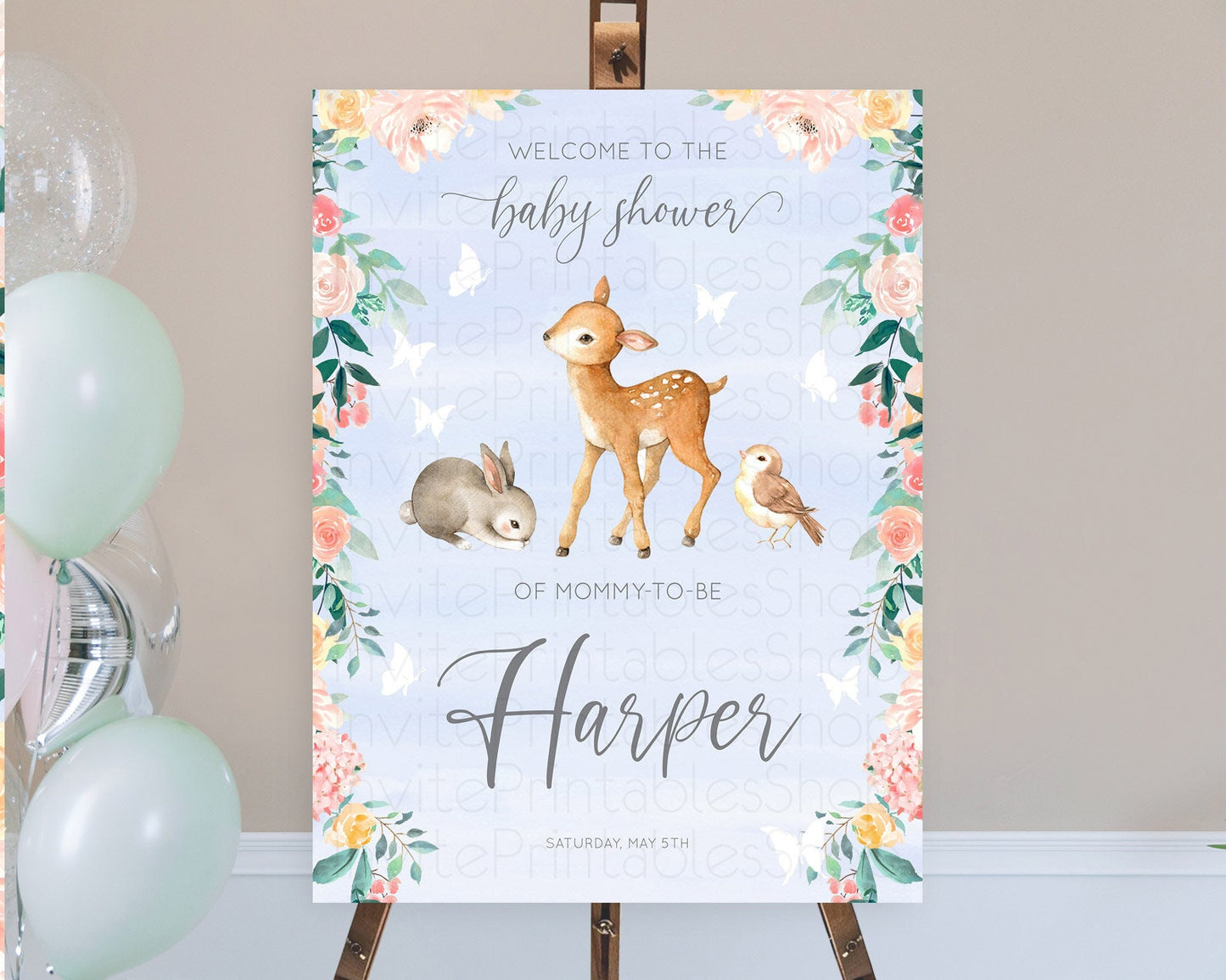 Fawn Baby Shower Welcome Sign Deer Welcome Board Floral Deer Welcome Poster Enchanted Forest Butterfly Pastel Floral Welcome Sign D10920