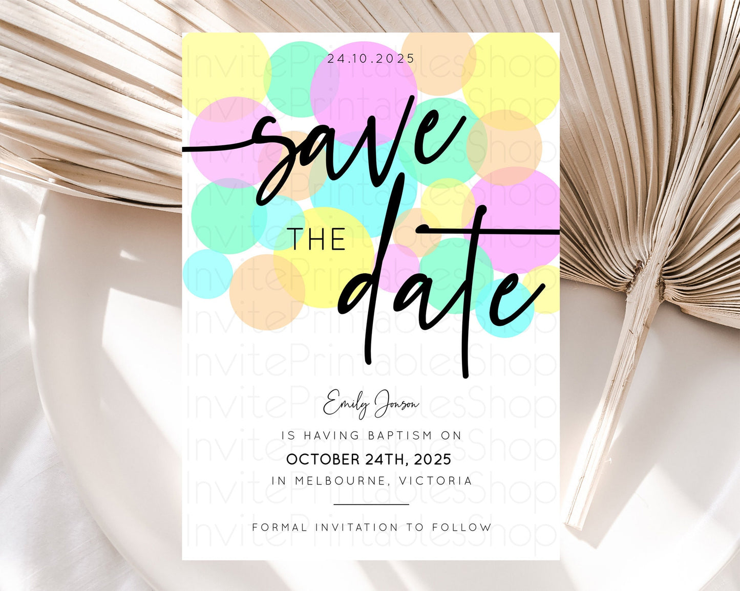 Pastel Confetti Save The Date Template Rainbow Colorful Sprinkles Party For 1st Birthday Baptism Baby Shower Wedding Bridal Shower D10410