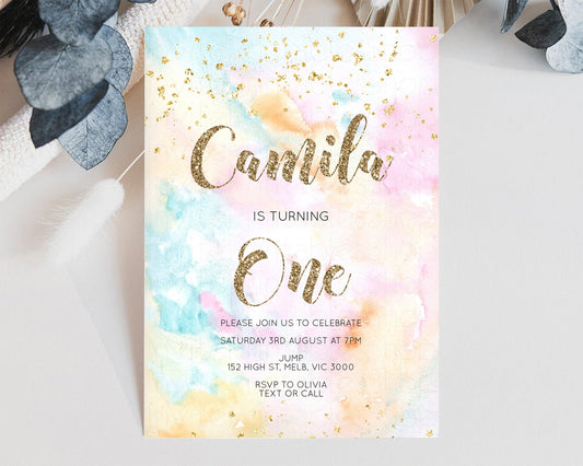 Editable Rainbow Birthday Invitation Glitter Pastel Invitation Colorful Wate