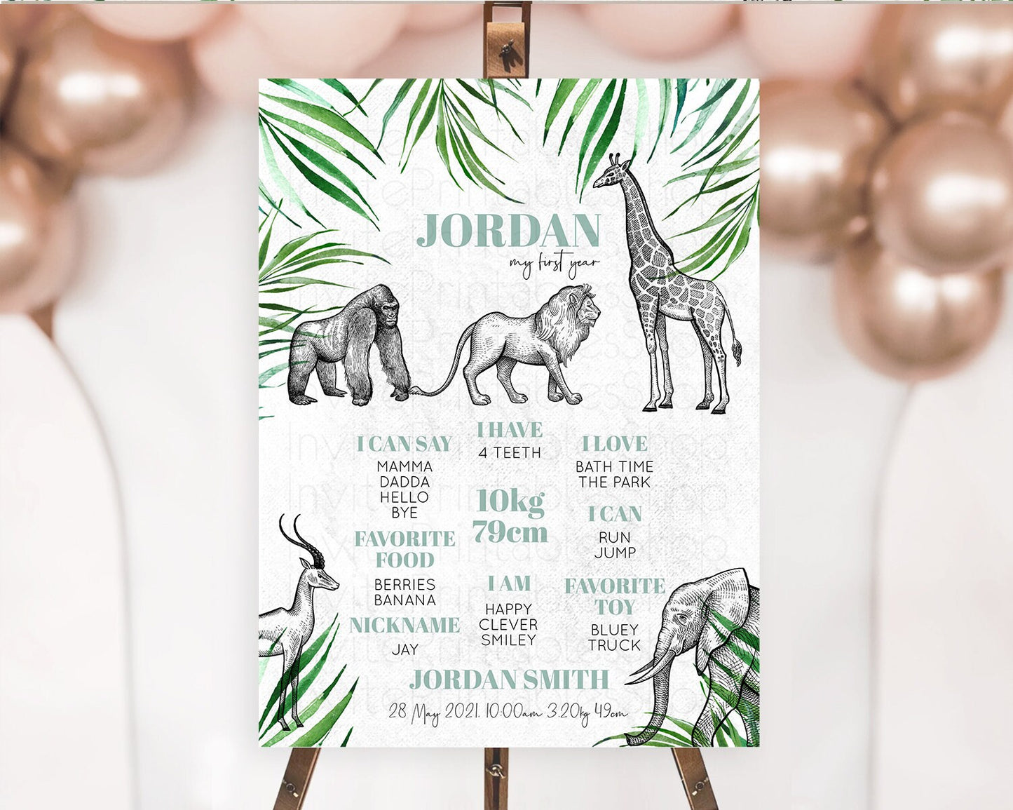 Safari First Birthday Milestone Poster Lion Gorilla Elephant Rhino Tropical Palm Jungle Zoo Party Animal 1st Birthday Welcome Sign D10853