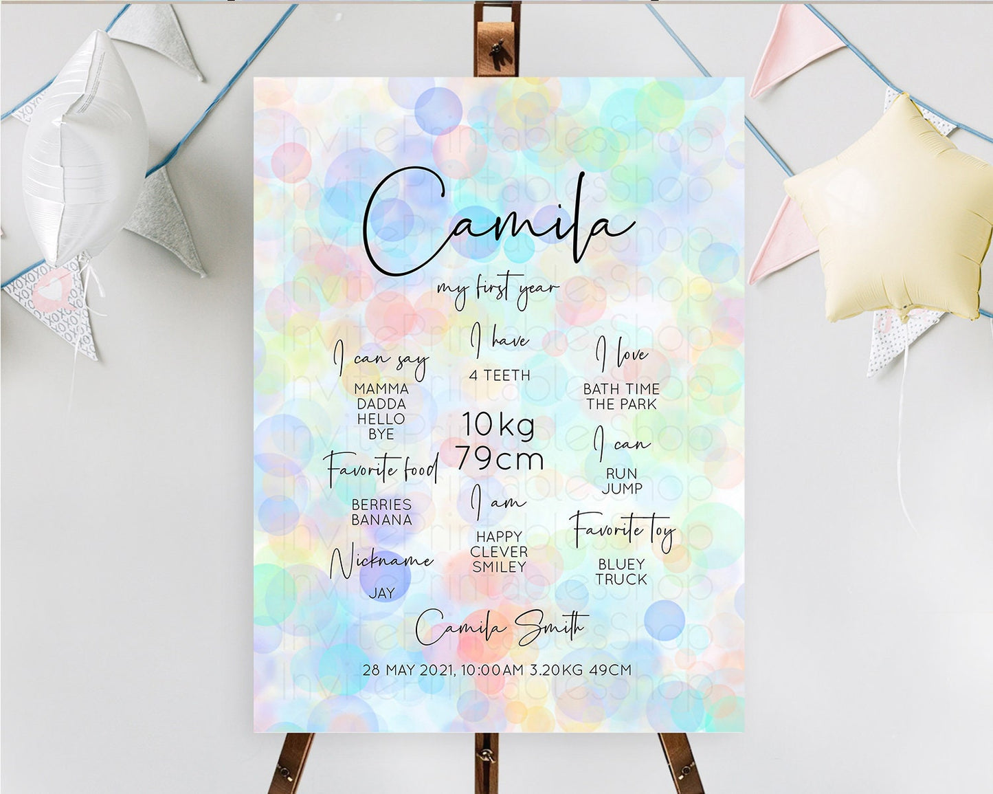 Pastel First Birthday Milestone Board Bubble Bath Milestone Poster Pastel Bubbles Colorful Confetti First Birthday Milestone Welcome D10445