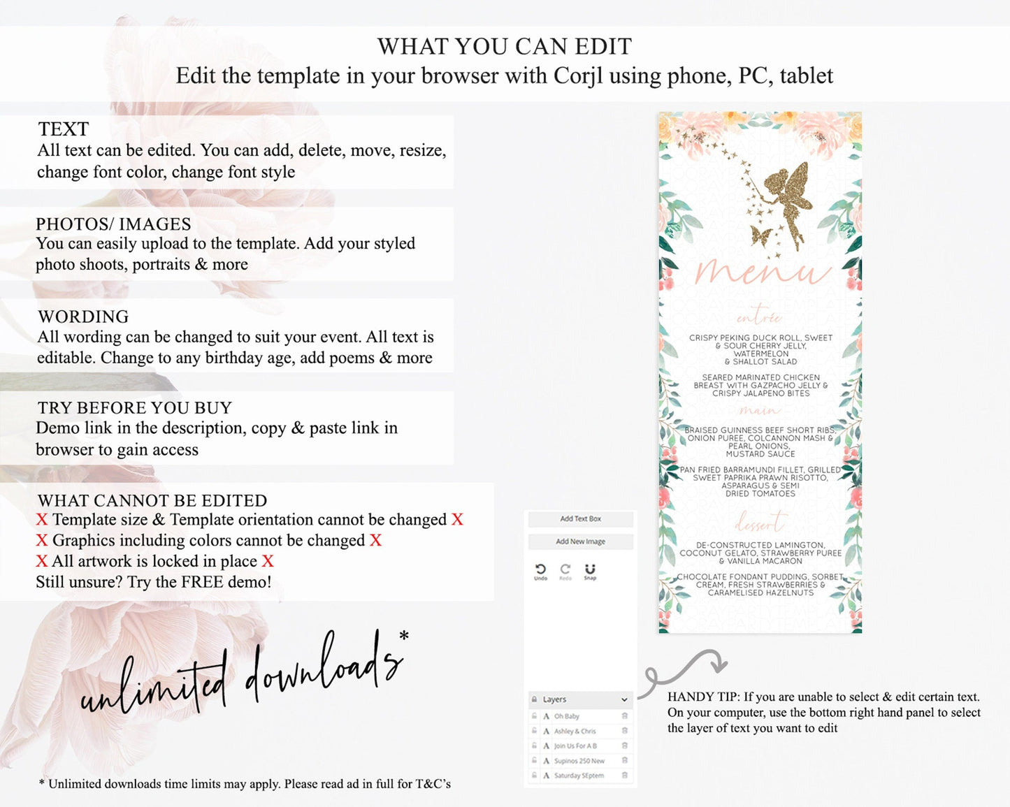 Fairy Menu Fairy Menu Template Enchanted Garden Pastel Floral Butterfly Table Decor Fairy Secret Garden Dinner Dessert Food Menu D10789