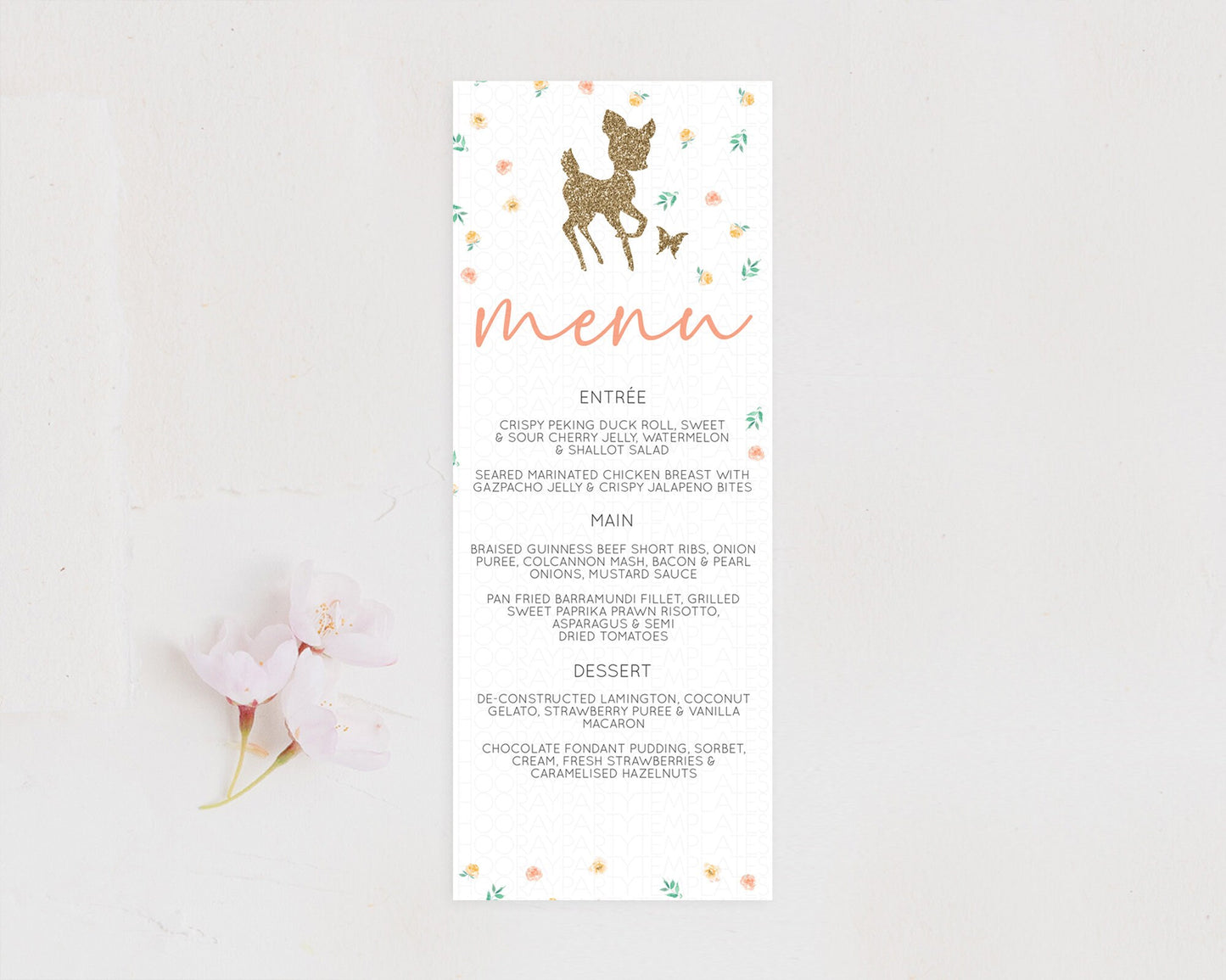 Fawn Menu Deer Menu Template Pastel Floral Deer Table Decor Enchanted Forest Butterfly Floral Dinner Dessert Menu Party Food Menu D10355