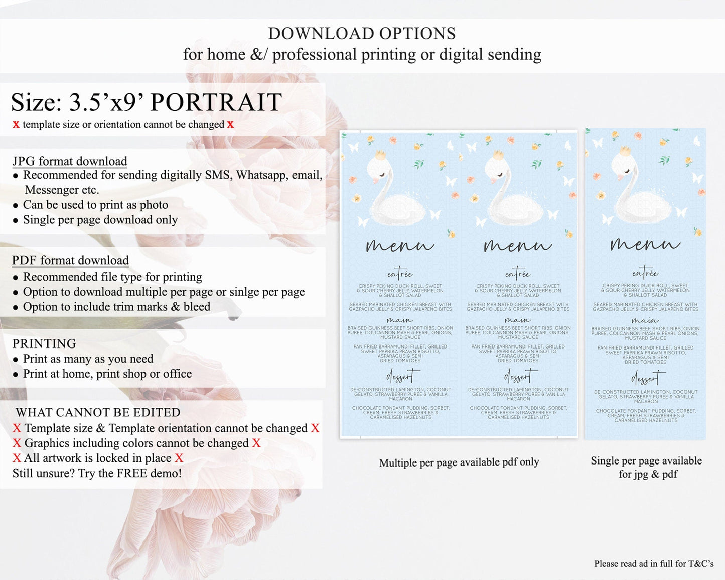 Swan Menu Swan Princess Ballet Menu Template Enchanted Swan Lake Table Decor Secret Garden Pastel Floral Dinner Dessert Food Menu D10903