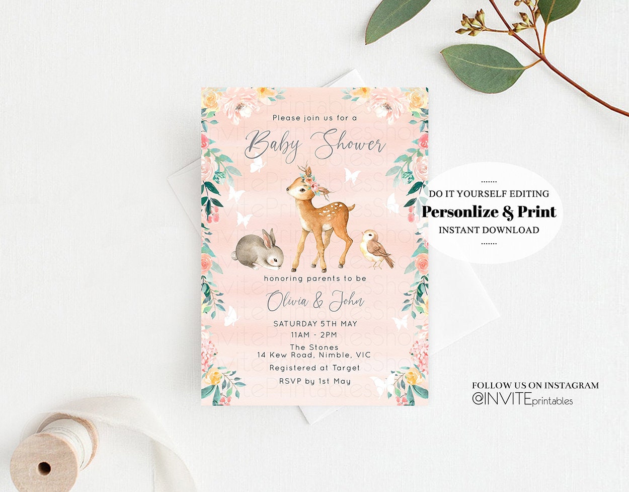 Deer Baby Shower Invite Forest Fawn Baby Shower Invite Deer Invite Bambi Invite Pastel Floral Invite Enchanted Forest Invite