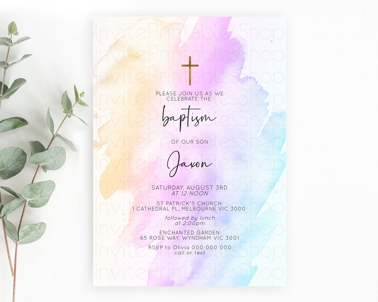 Pastel Baptism Invitation Pastel Colors Watercolor Baptism 1st Birthday Party Gold Ombre Pastel Rainbow Christening Holy Communion D10177