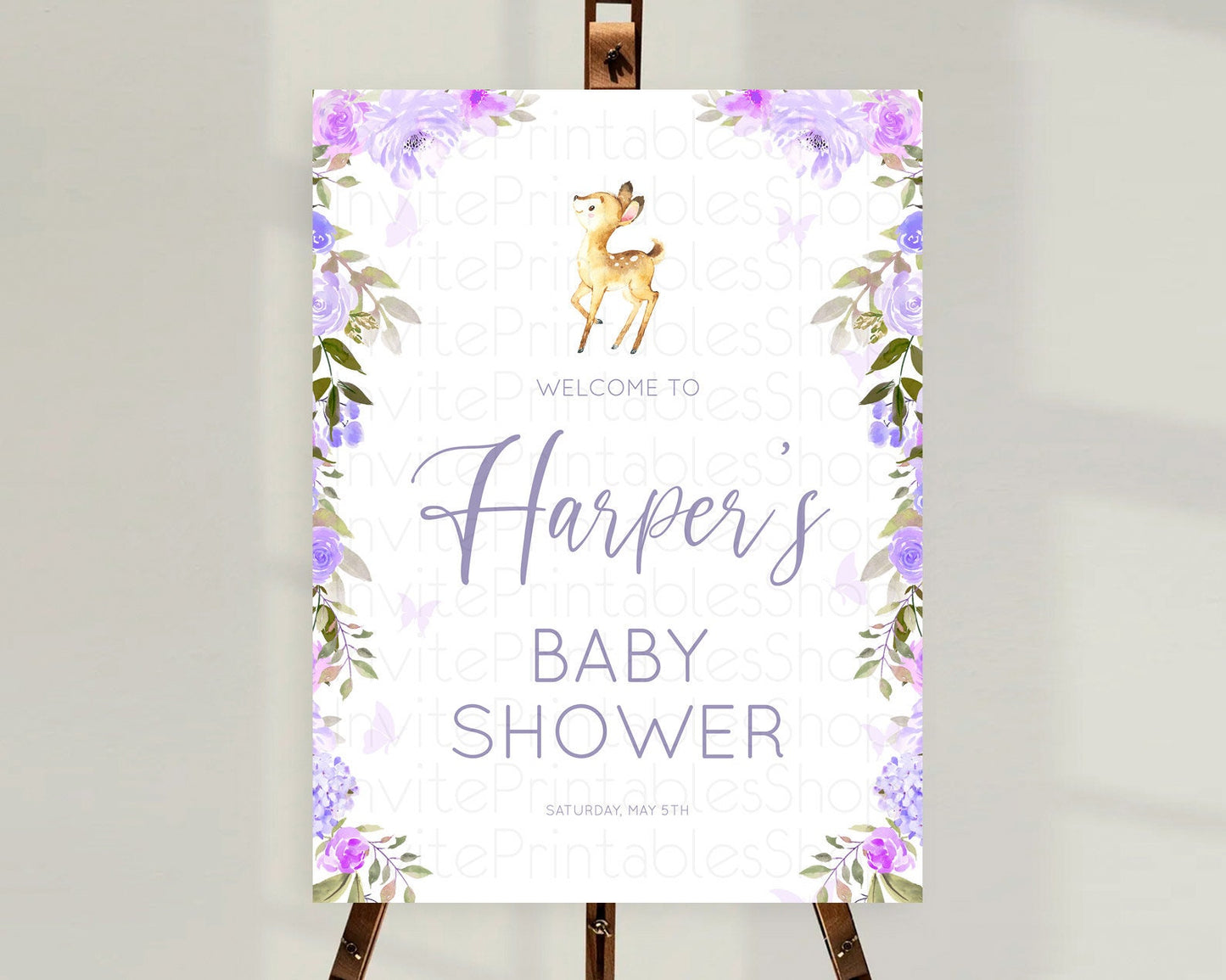 Fawn Baby Shower Welcome Sign Deer Welcome Board Floral Deer Welcome Poster Enchanted Forest Butterfly Pastel Floral Welcome Sign D10916