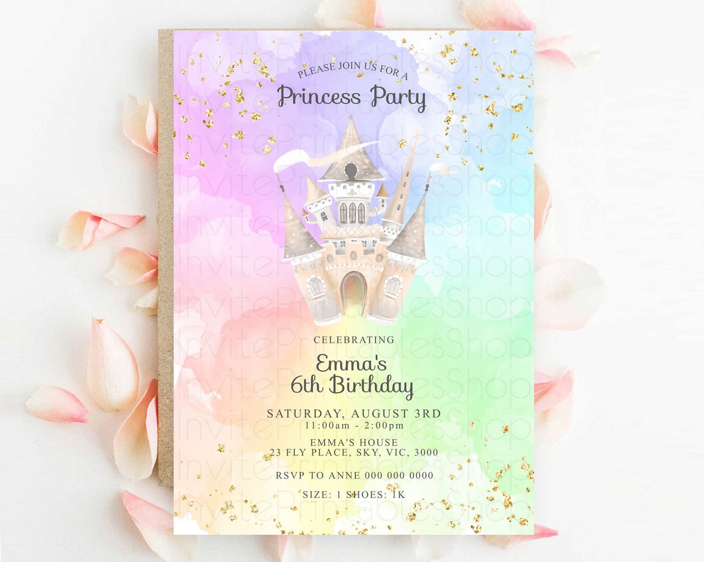 Princess Birthday Invitation Princess Invitation Pastel Invitation Royal Birthday Rainbow Color Enchanted Castle 1st First Birthday D10683