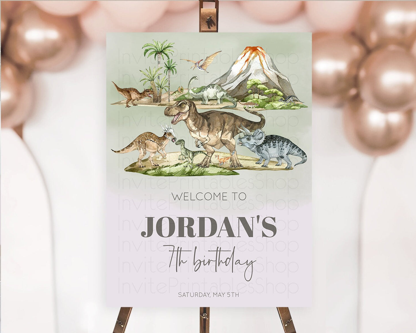 Dinosaur Welcome Sign Dinosaur Volcano Welcome Poster Dino Watercolor Volcano T-Rex Raptor Jurassic First Birthday Welcome Sign D10671