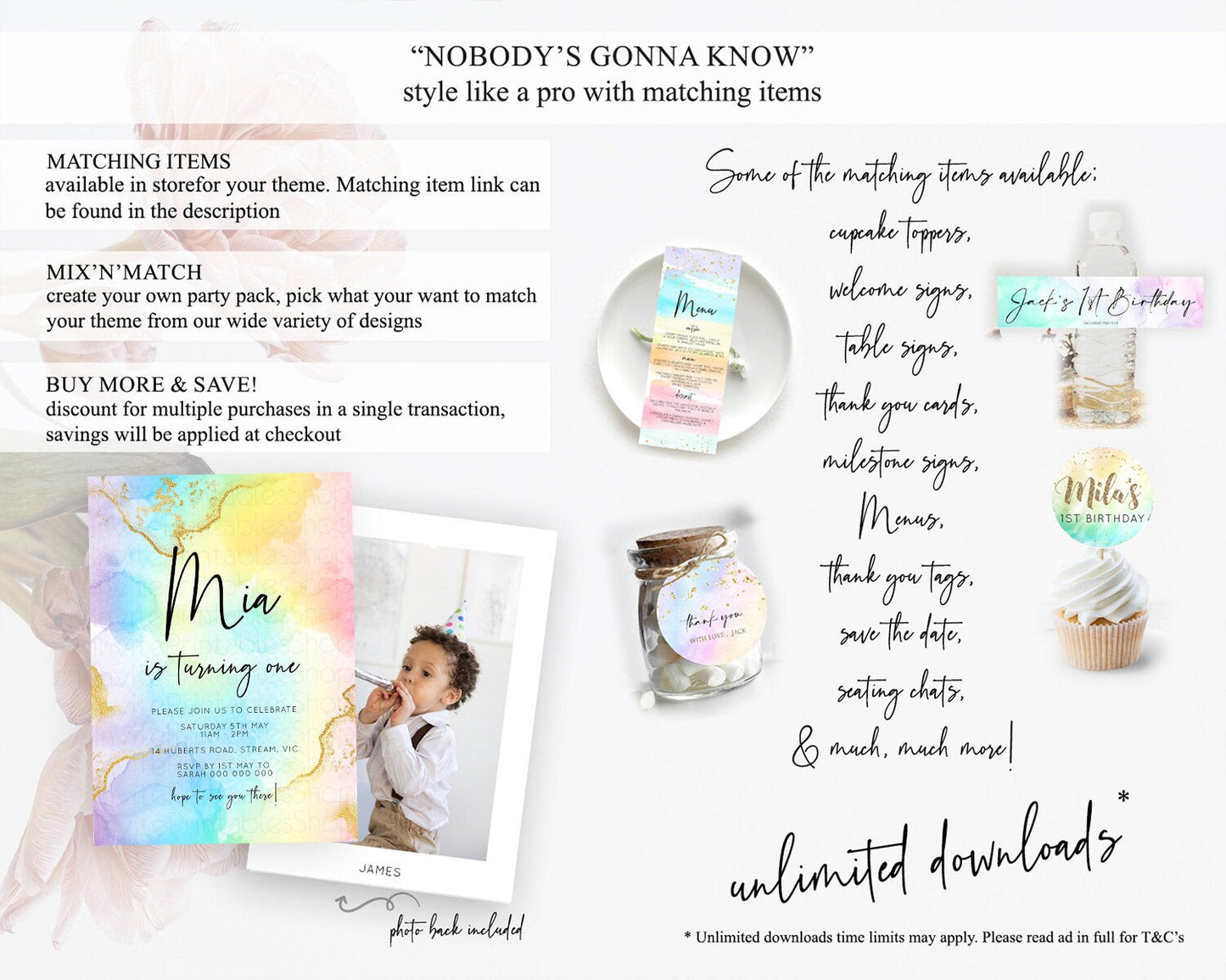Rainbow Birthday Invitation Colorful Pastel Watercolor Invitation Gold Glitter Sprinkles Ombre Pastel 1st 2nd 3rd Birthday D10588