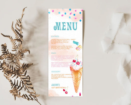 Editable Ice Cream Menu Sweet One Menu Template Heres The Scoop Decor Pastel