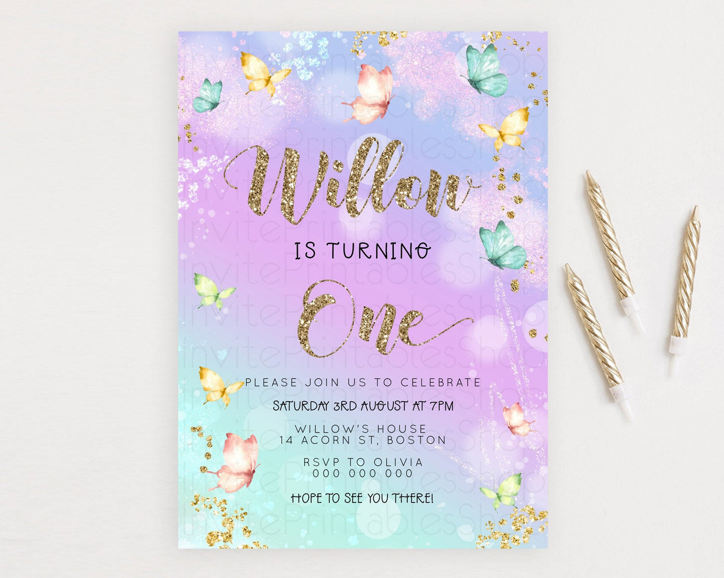 Pastel Butterfly Birthday Invitation Butterfly Birthday Invitation Colorful Splash Glitter Butterfly Garden 1st 2nd Birthday D23091