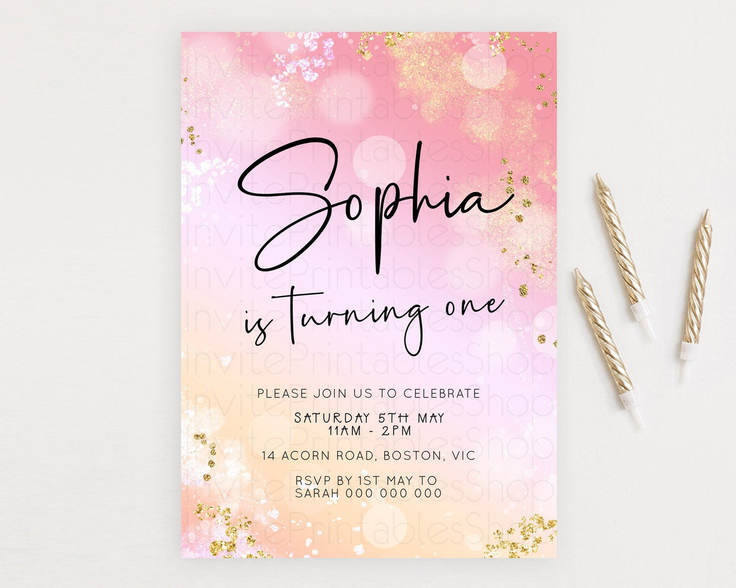 Pink Birthday Invitation pink Watercolor Invitation Pastel pink Watercolor Invitation pink Splash Gold Invitation 1st First Birthday D23095