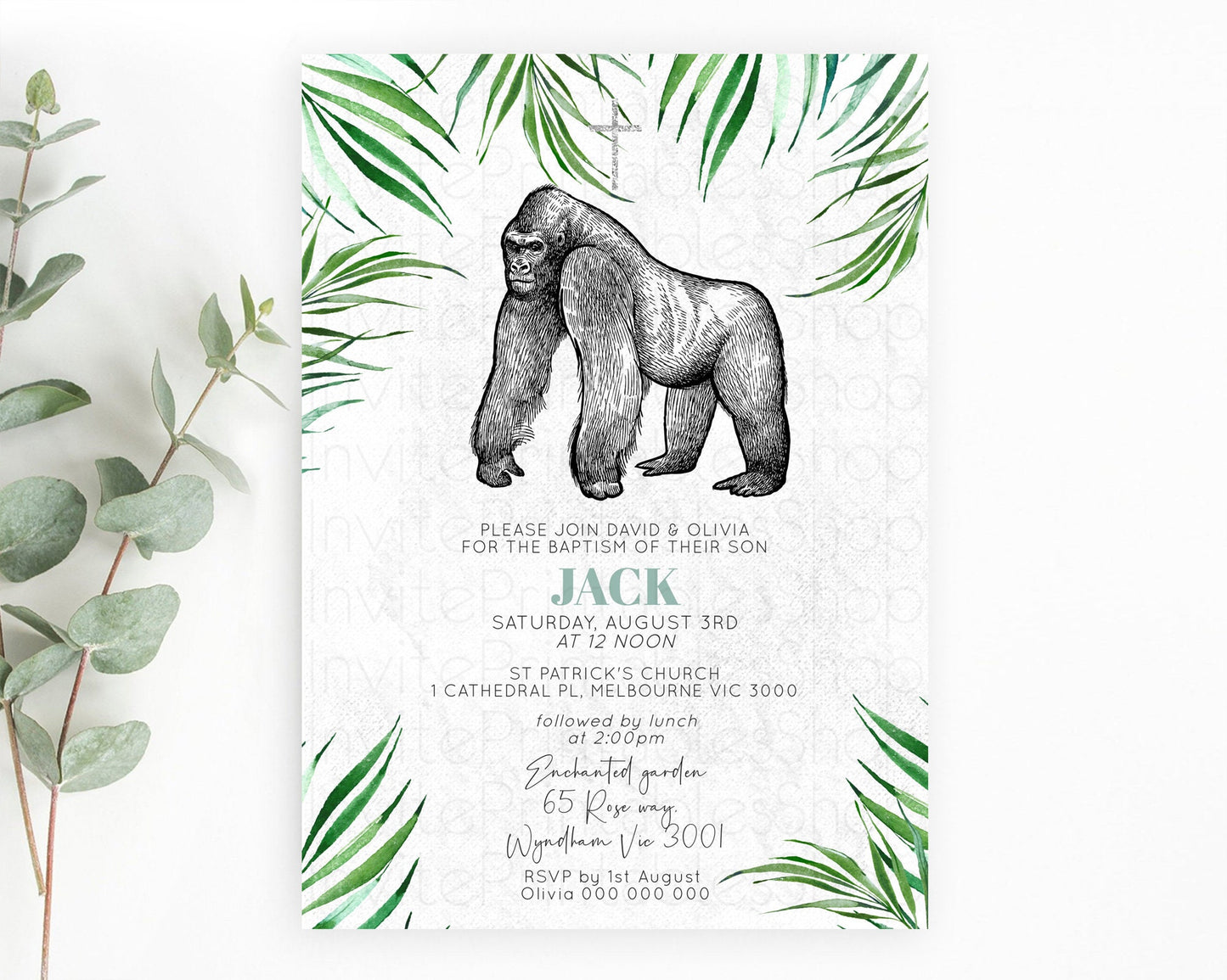 Gorilla Baptism Invitation Gorilla Baptism 1st Birthday Invitation Gorilla Jungle Adventure Christening Invitation Wild Zoo Theme D10846