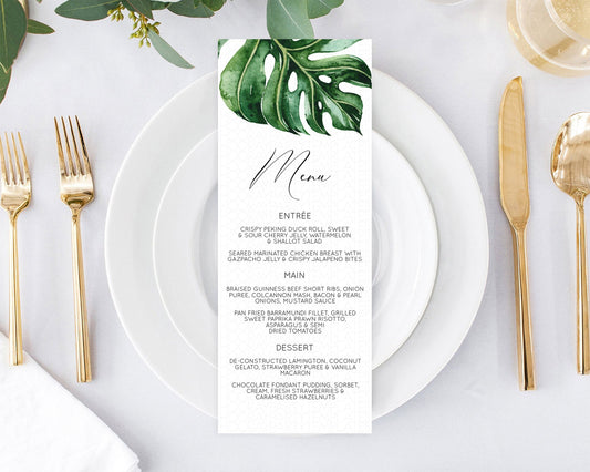 Tropical Menu Template Tropical Menu Palm Leaf Fern Table Decor Frangipani Floral White Orchid Dinner Dessert Menu Party Food Menu D11056