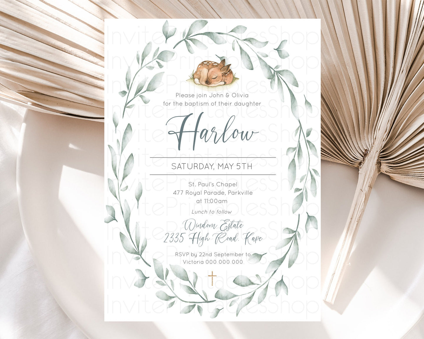 Fawn Baptism Invitation Deer Baptism 1st Birthday Invitation Enchanted Forest Christening Invitation Pastel Garden Butterfly Floral D10935