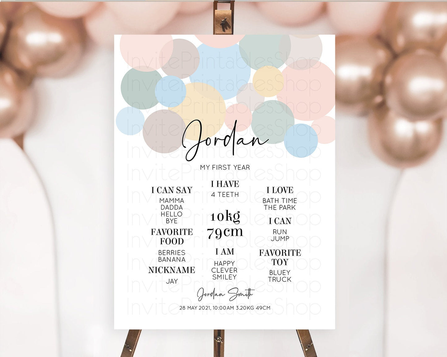 Pastel First Birthday Milestone Poster Pastel Rainbow Confetti First Birthday Milestone Board Colorful Bubbles Birthday Welcome Sign D10602