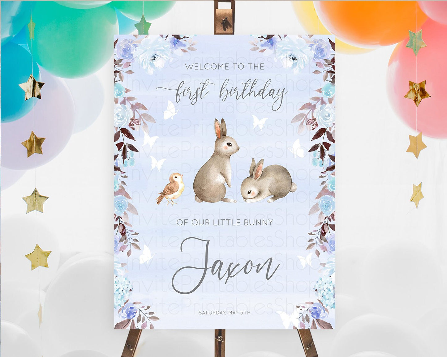 Bunny Welcome Sign Floral Bunny Welcome Board Pastel Flowers Woodland Bunny Welcome Poster Forest Bunny First Birthday Welcome Sign D10923