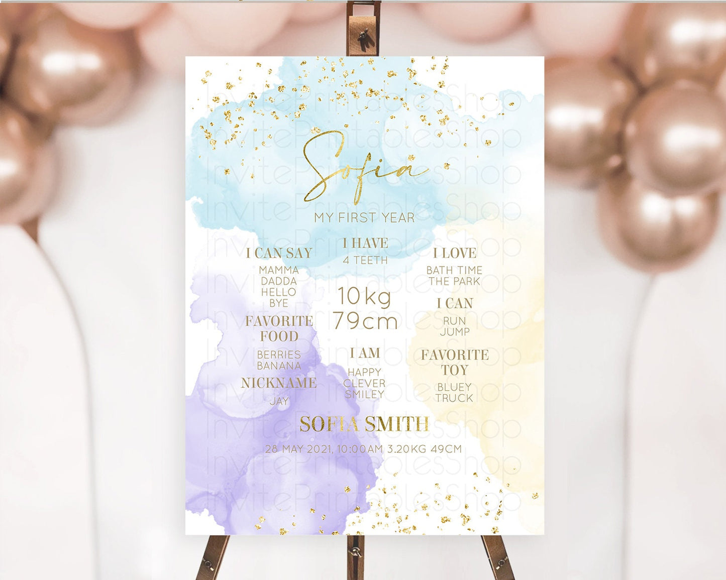 Pastel First Birthday Milestone Board Pastel Rainbow Milestone Poster Colorful Confetti Watercolor Glitter 1st Birthday Welcome Sign D10206