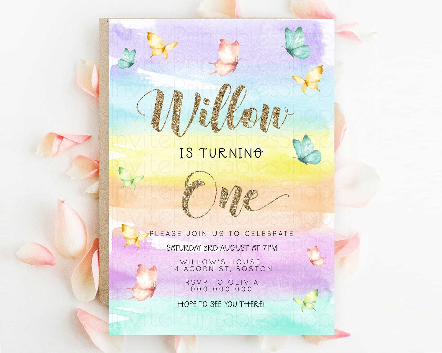 Pastel Butterfly Birthday Invitation Butterfly Birthday Invitation Colorful Splash Glitter Butterfly Garden 1st 2nd Birthday D23221