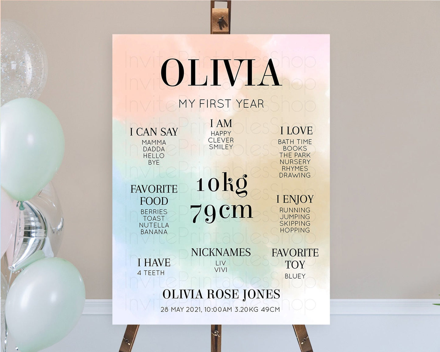Pastel First Birthday Milestone Board Pastel Rainbow Milestone Poster Colorful Confetti Watercolor Glitter 1st Birthday Welcome Sign D10370