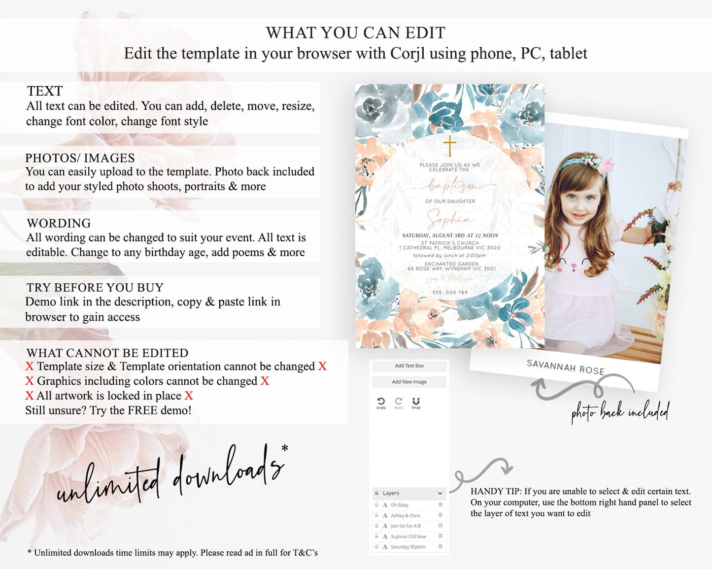 Secret Garden Baptism Invitation Wildflower Baptism Birthday Invite Pastel Flowers Christening Invite Enchanted Garden Boho Floral D10190