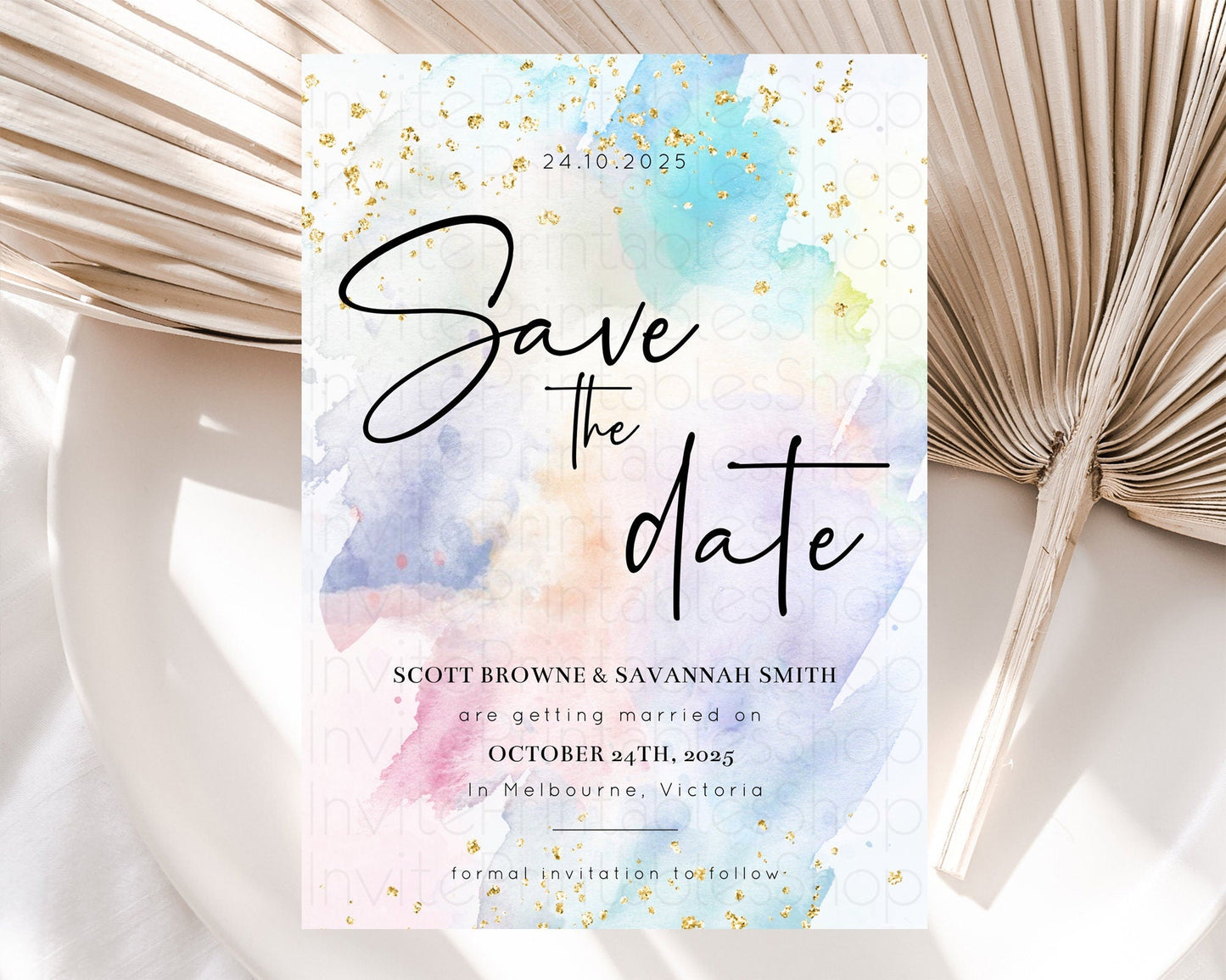 Pastel Save The Date Template Pastel Ombre Rainbow Watercolor Colorful Party For Birthday Baptism Baby Shower Wedding Bridal Shower D10422