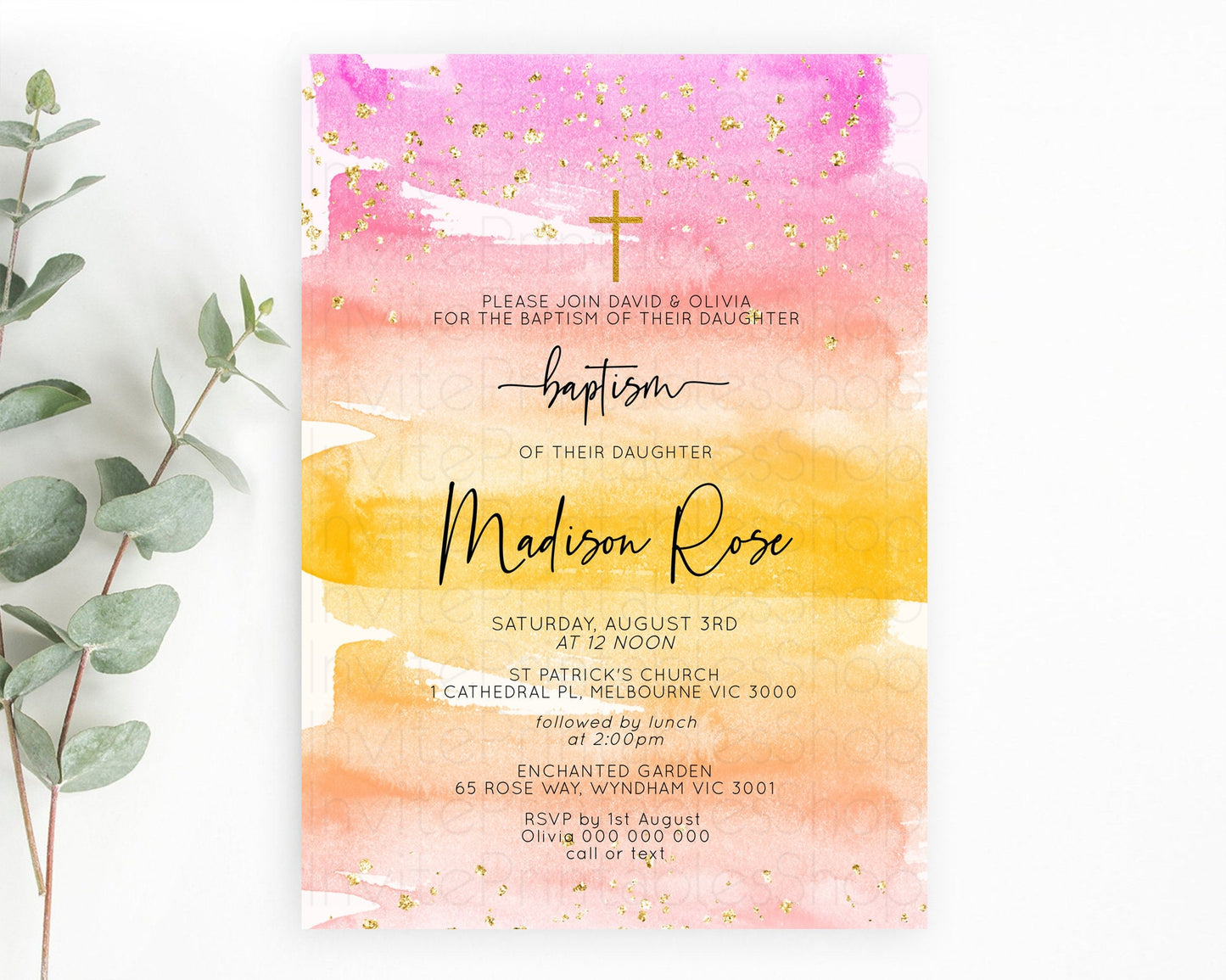 Pastel Baptism Invitation Pastel Colors Watercolor Baptism 1st Birthday Party Gold Ombre Pastel Rainbow Christening Holy Communion D10520