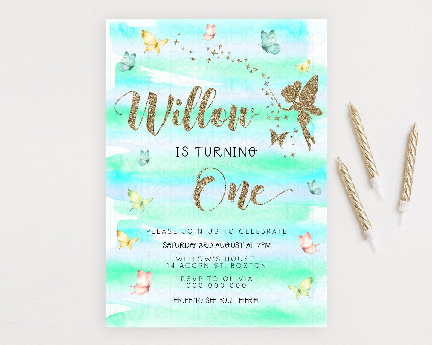 Pastel Fairy Birthday Invitation Pastel Butterflies Fairy Birthday Invitation Rainbow Ombre Watercolor 1st 2nd Birthday Invitation D23314