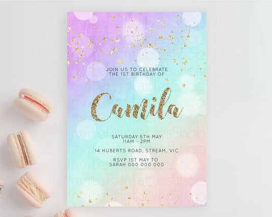 Editable Rainbow Birthday Invitation Colorful Pastel Watercolor Invitation G