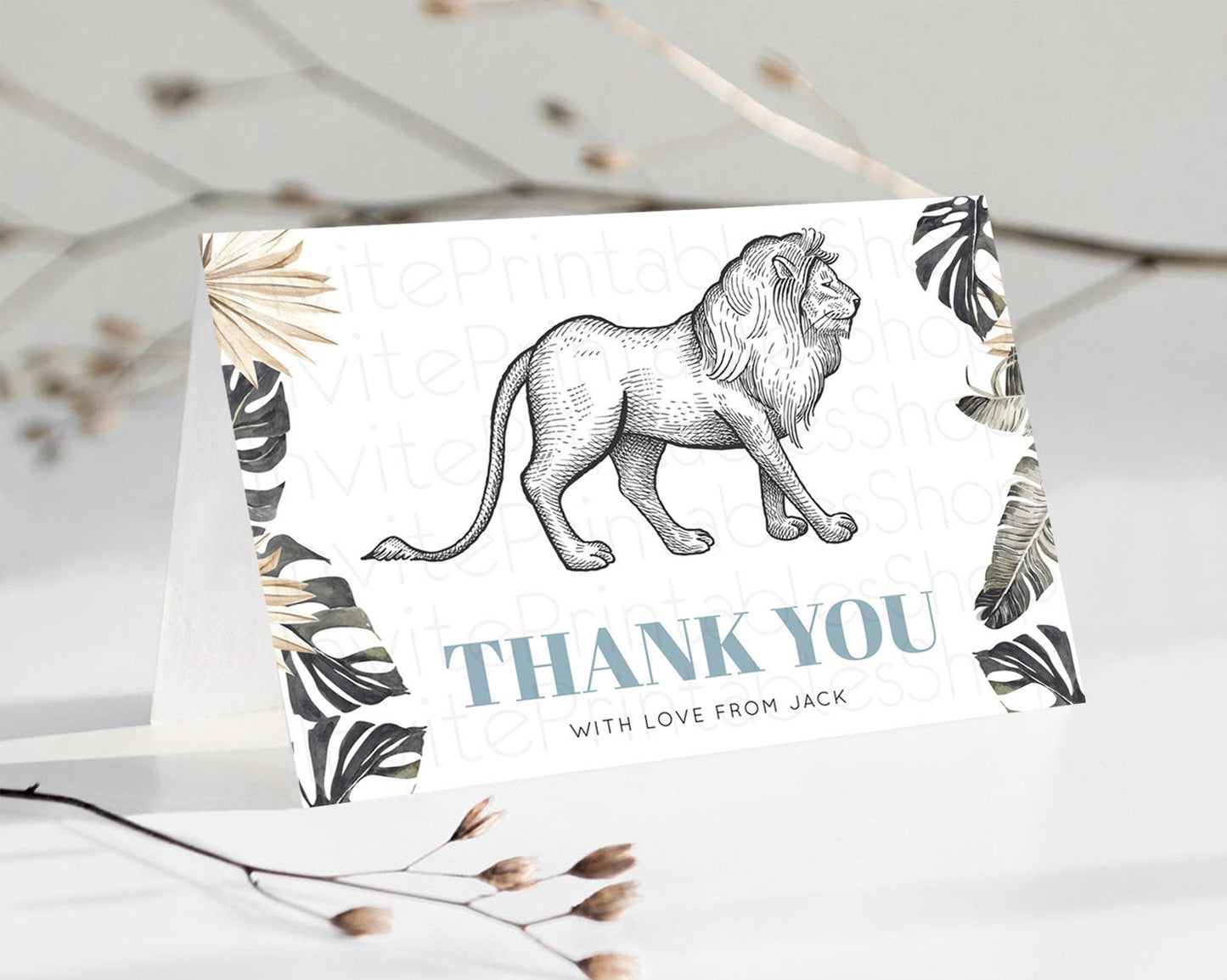 Lion Thank You Lion Thank You Card Lion Party Birthday Thank You Card Safari Lion Cards Dried Palm Fern Lion Teacher Thank You Cards D10807