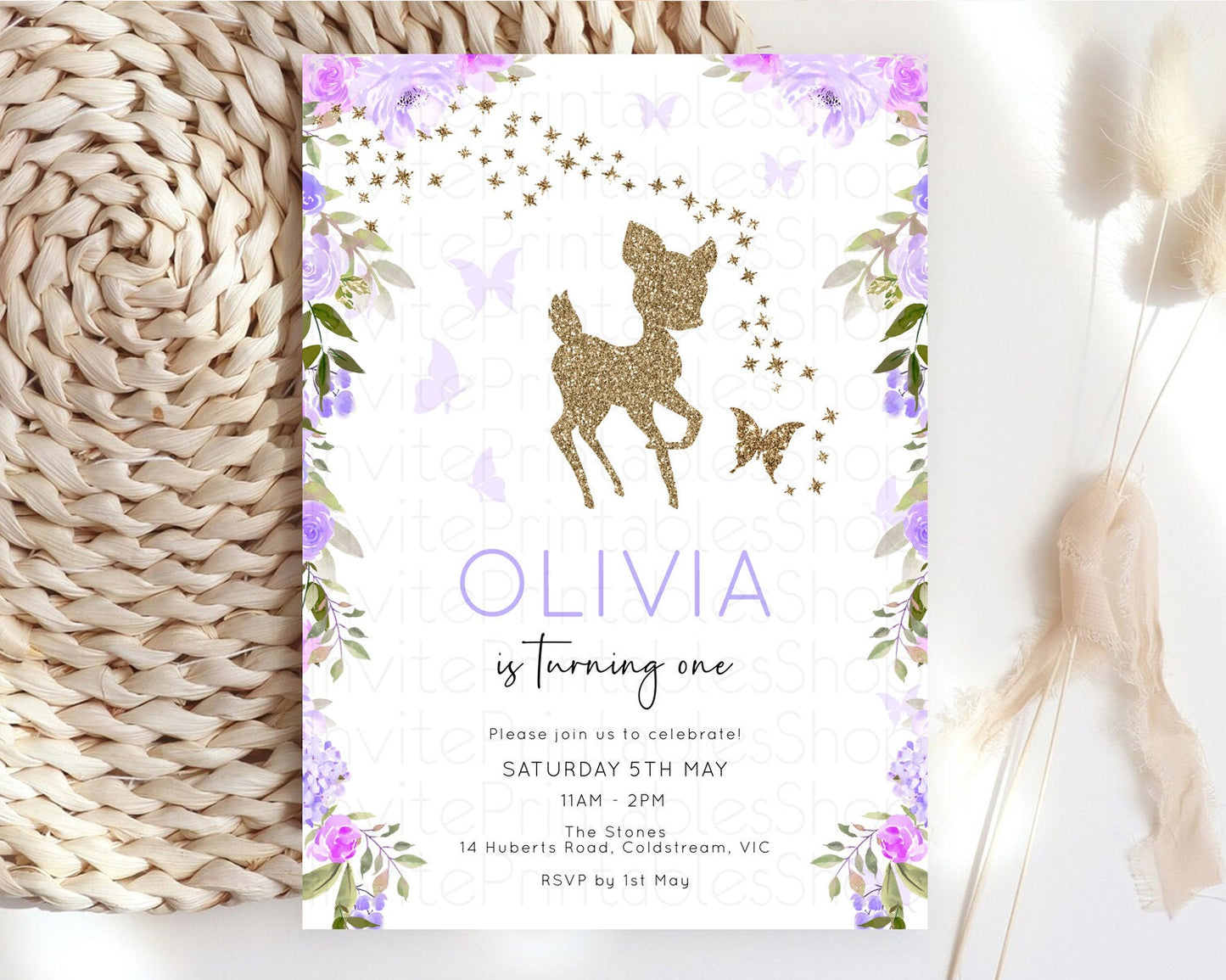 Fawn Birthday Invitation Deer Birthday Invitation Enchanted Forest Party Butterfly Pastel Flowers Whimsical 2nd 1st First Birthday D10914