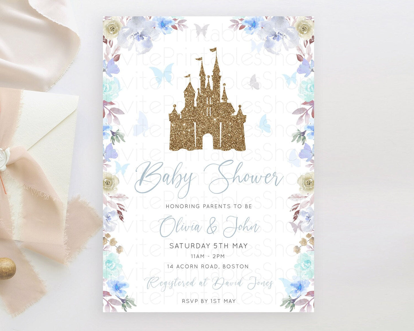 Enchanted Castle Baby Shower Invitation, Whimsical, Secret Garden Theme, Blue Grey Flowers, Soft Floral, Glitter Castle, Butterflies D10932