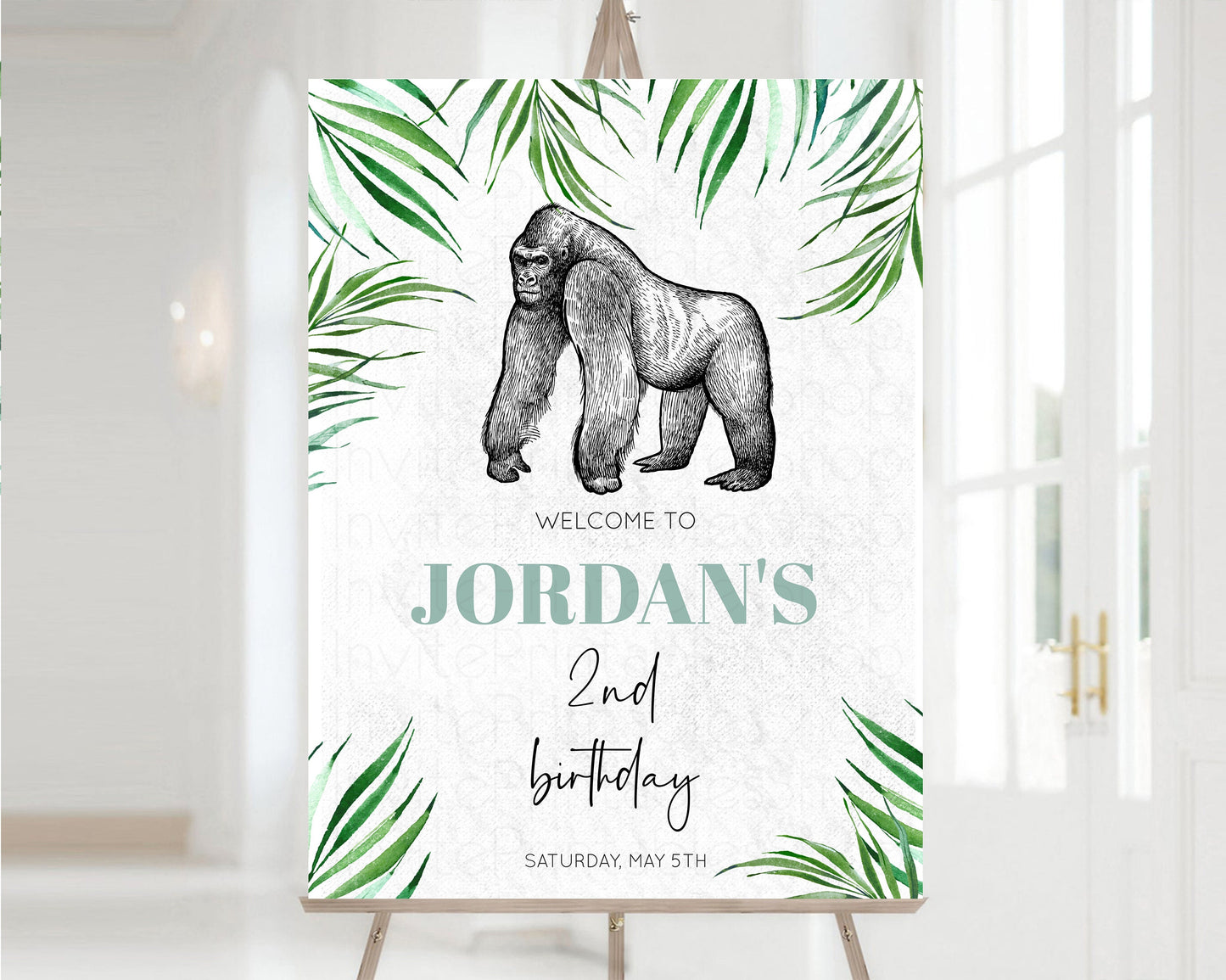 Editable Gorilla Welcome Sign Tropical Jungle 1st Birthday Board White Birth