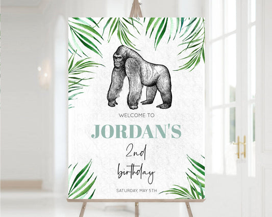 Editable Gorilla Welcome Sign Tropical Jungle 1st Birthday Board White Birth