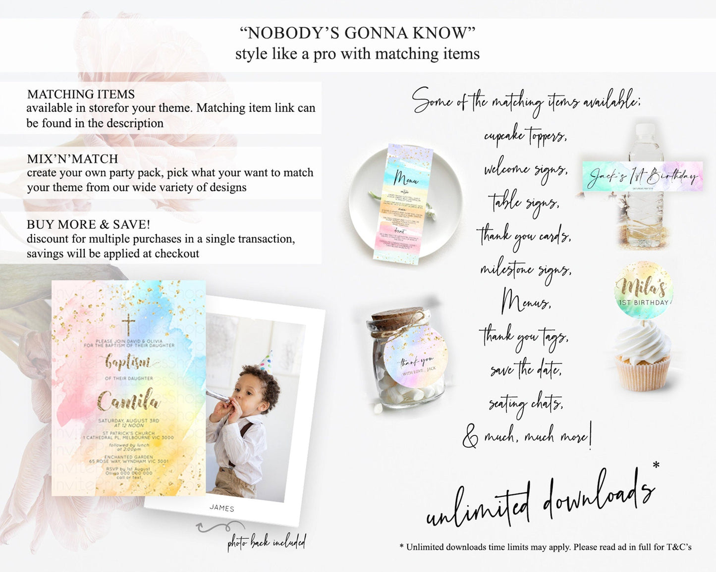 Pastel Baptism Invitation Pastel Colors Watercolor Baptism 1st Birthday Party Gold Ombre Pastel Rainbow Christening Holy Communion D10556