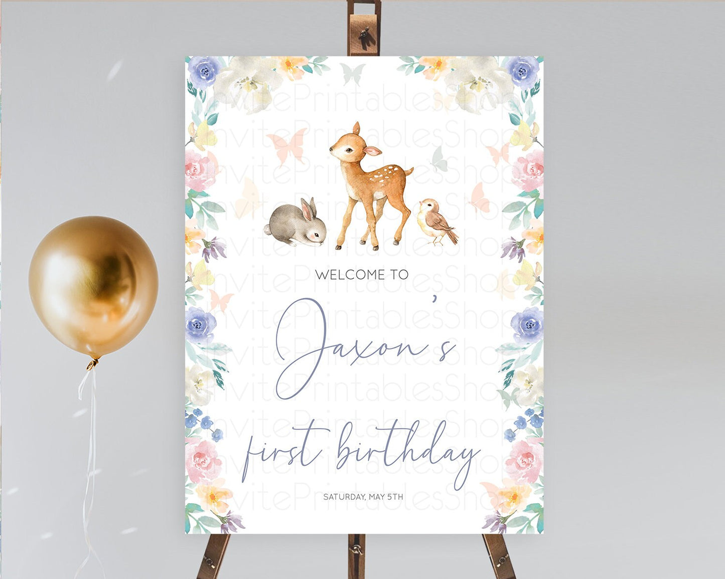 Fawn Welcome Sign Deer Welcome Board Floral Deer Welcome Poster Enchanted Forest Butterfly Pastel Floral First Birthday Welcome Sign D10930