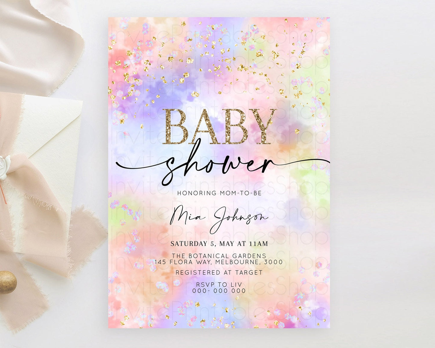 Pastel Baby Shower Invitation Rainbow Baby Shower Invitation Colorful Pastel Watercolor Invitation Gold Glitter Sprinkles Ombre D10610