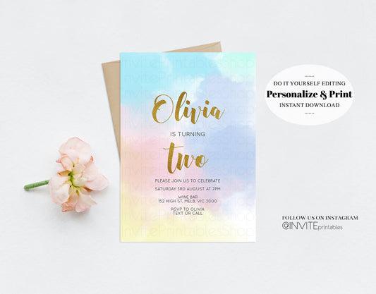 Rainbow Birthday Invitation Pastel Rainbow Invitation Colorful Pastel Rainbow Ombre Watercolor Gold Foil Glitter Sprinkles 1st 2nd 3rd