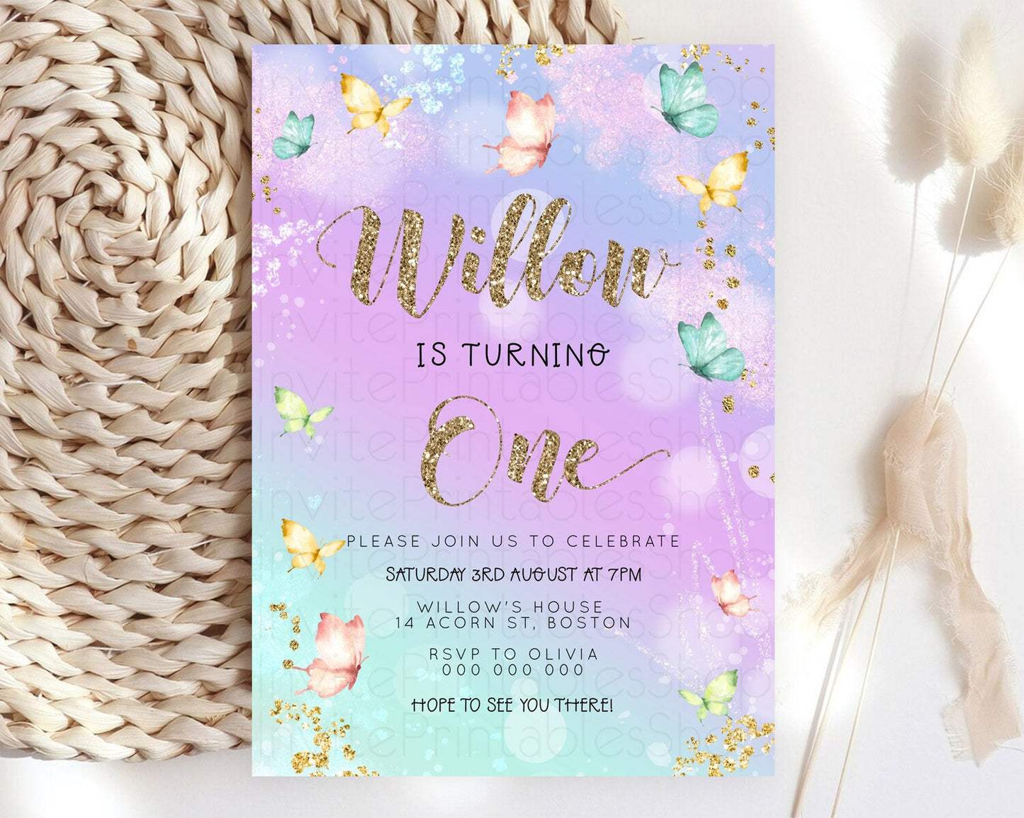 Pastel Butterfly Birthday Invitation Butterfly Birthday Invitation Colorful Splash Glitter Butterfly Garden 1st 2nd Birthday D23091