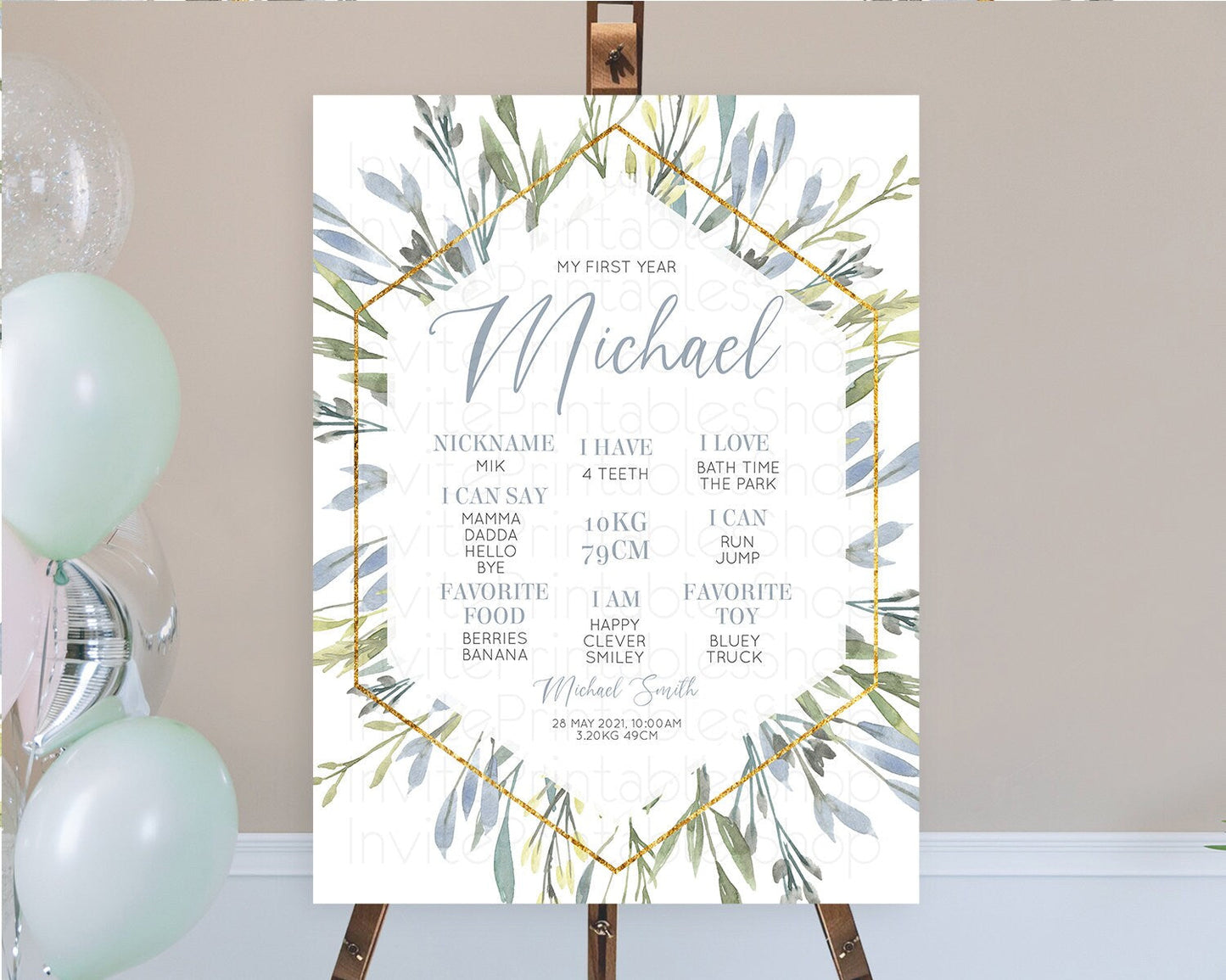 Leafy First Birthday Milestone Board Green Leaf Milestone Poster Greenery Eucalyptus Fern Spray Leaves Watercolor 1st Birthday Sign D10532