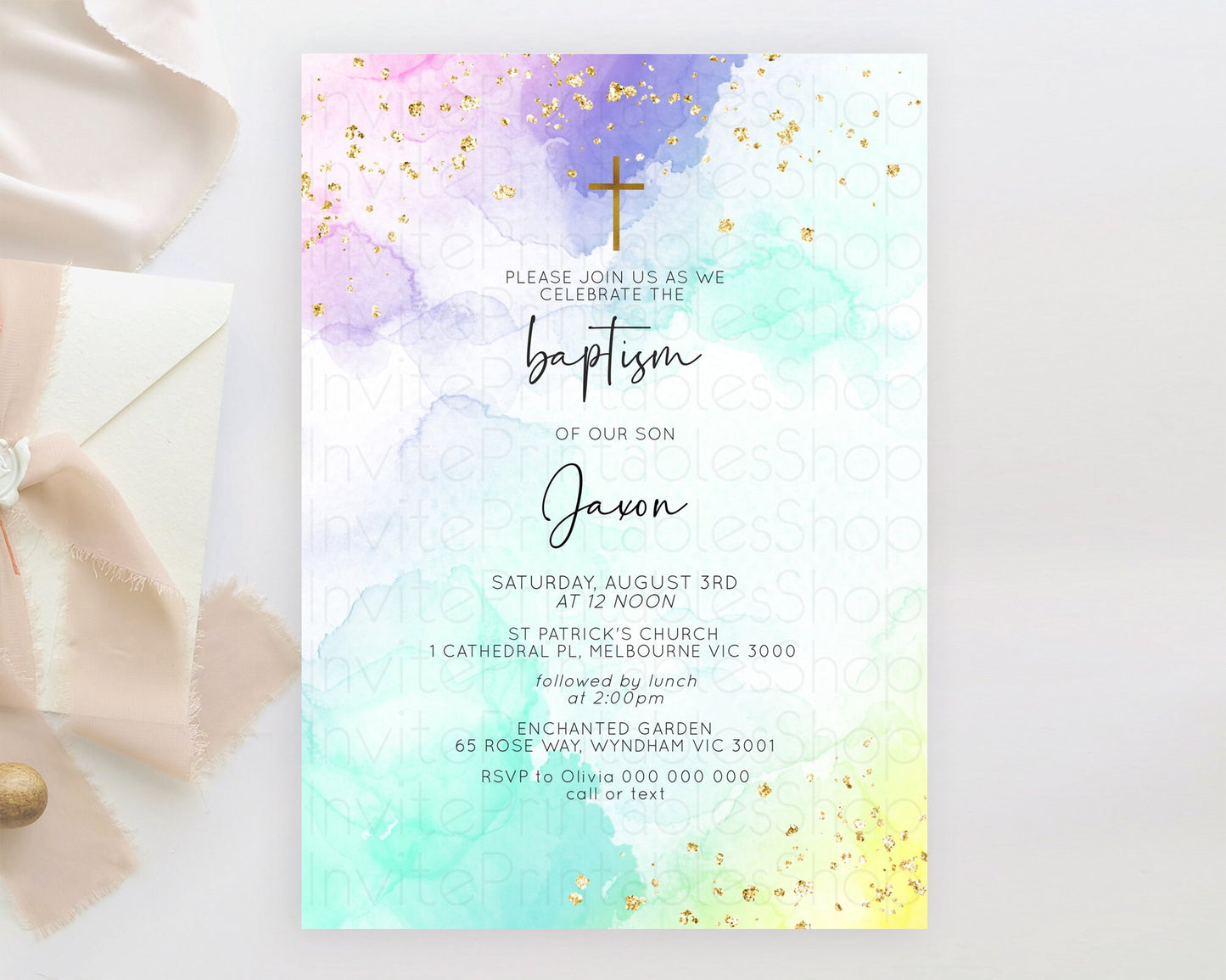 Pastel Baptism Invitation Pastel Colors Watercolor Baptism 1st Birthday Party Gold Ombre Pastel Rainbow Christening Holy Communion D10158