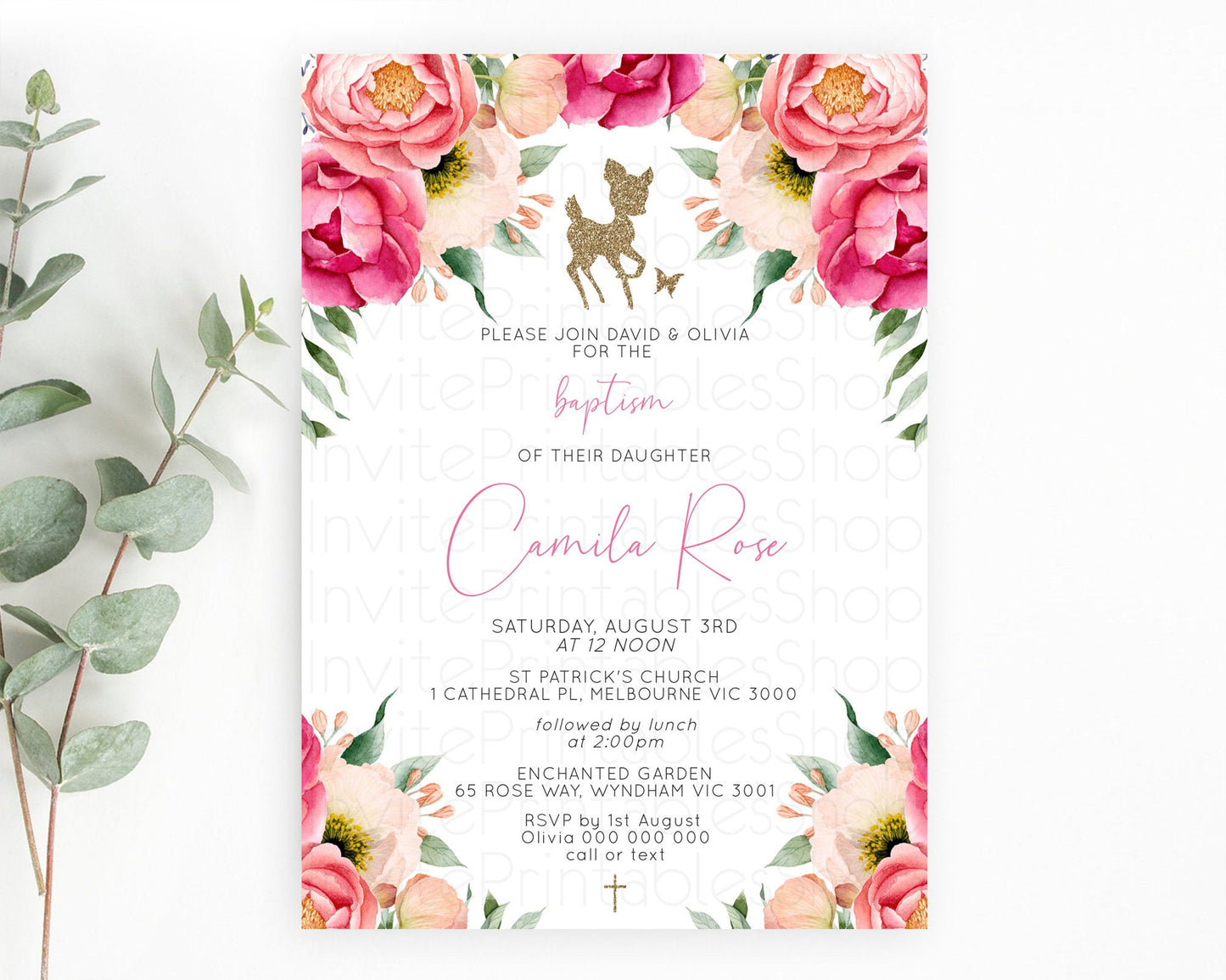 Fawn Baptism Invitation Deer Baptism 1st Birthday Invitation Enchanted Forest Christening Invitation Pastel Garden Butterfly Floral D10326