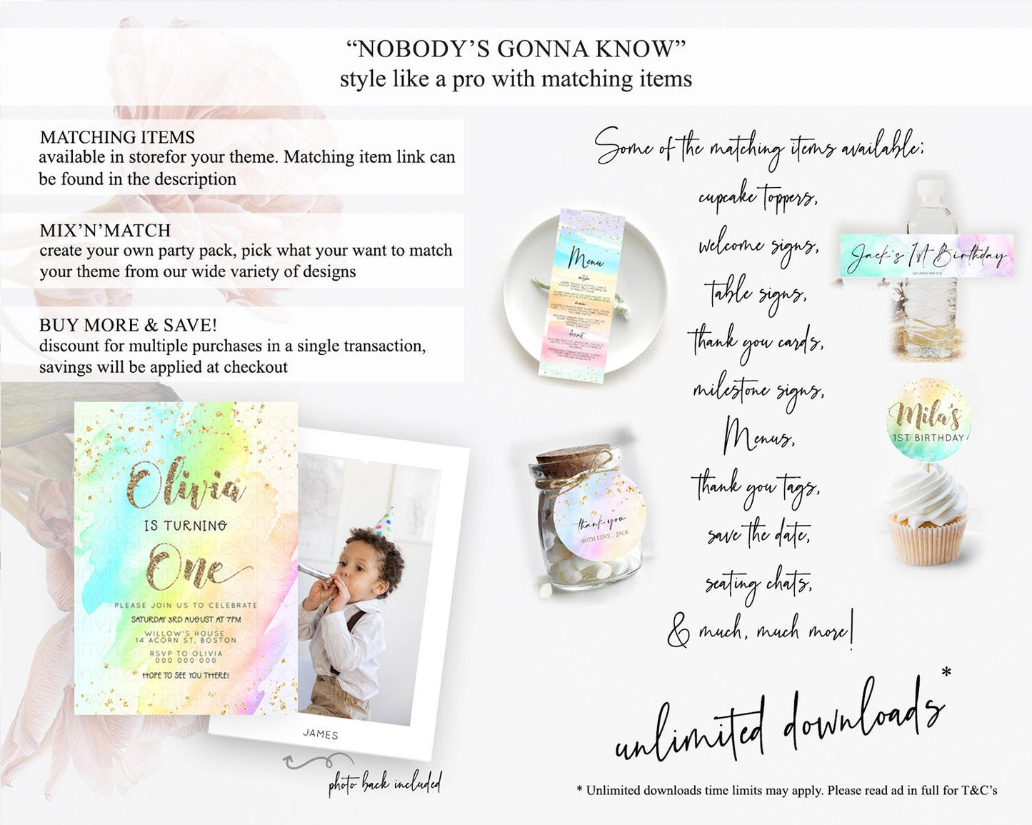 Rainbow Birthday Invitation Colorful Pastel Watercolor Invitation Gold Glitter Sprinkles Ombre Pastel 1st 2nd 3rd Birthday D23282