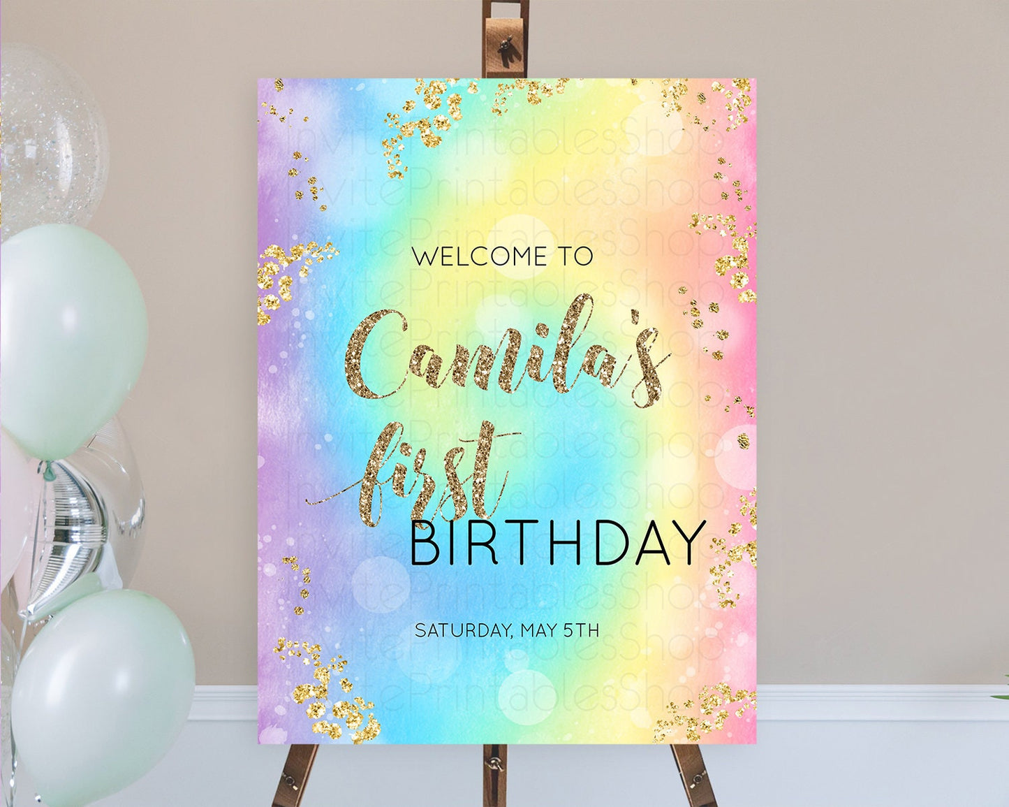 Pastel Welcome Sign Pastel Rainbow Welcome Sign Colorful Rainbow Confetti Watercolor Glitter Pastel First Birthday Welcome Sign D10568