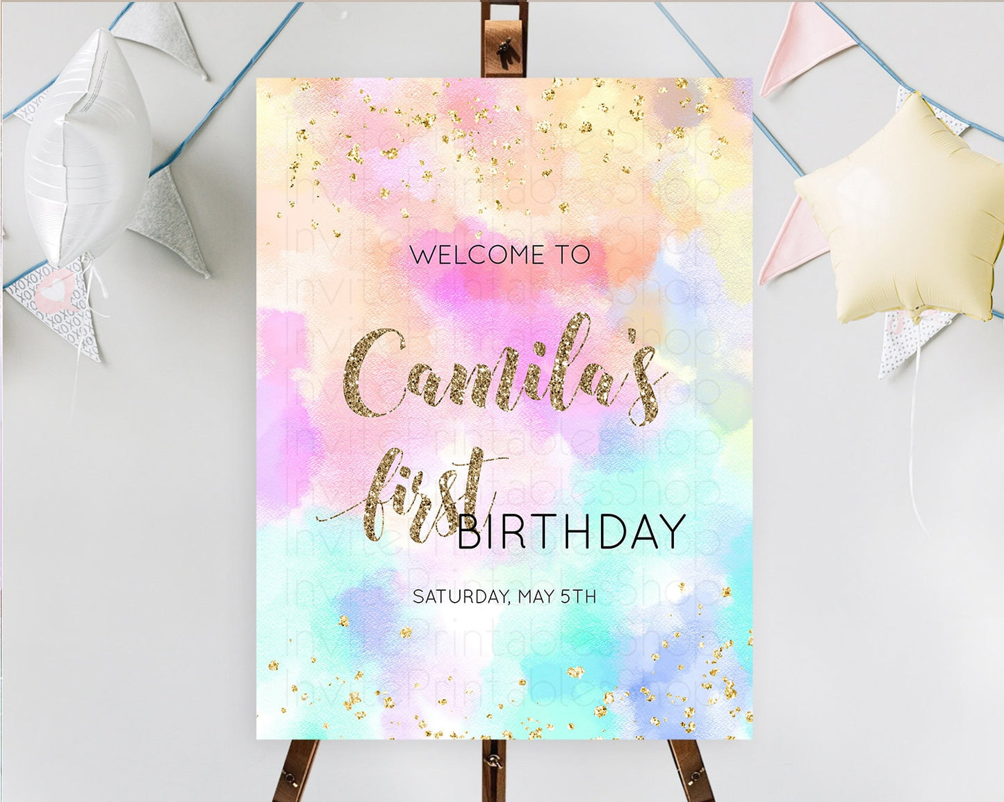 Pastel Welcome Sign Pastel Rainbow Welcome Sign Colorful Rainbow Confetti Watercolor Glitter Pastel First Birthday Welcome Sign D10669